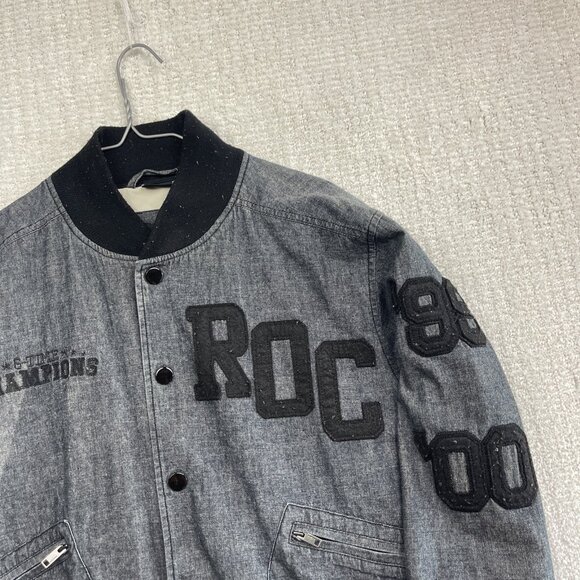 Rocawear Jacket Dark Denim Varsity Bomber Embroidered Sports Y2K Retro Men M - Picture 2 of 15